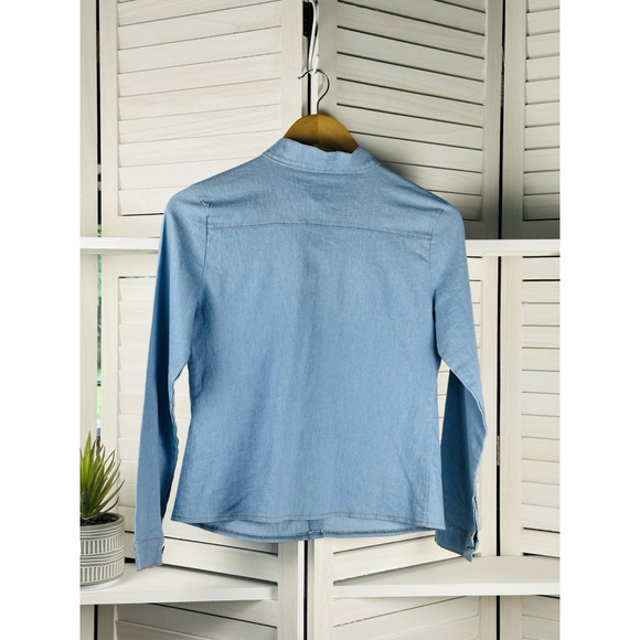 Western Button Up Shirt Womens M Blue Denim Tie Neck Bow Long Sleeve Top - Picture 2 of 7